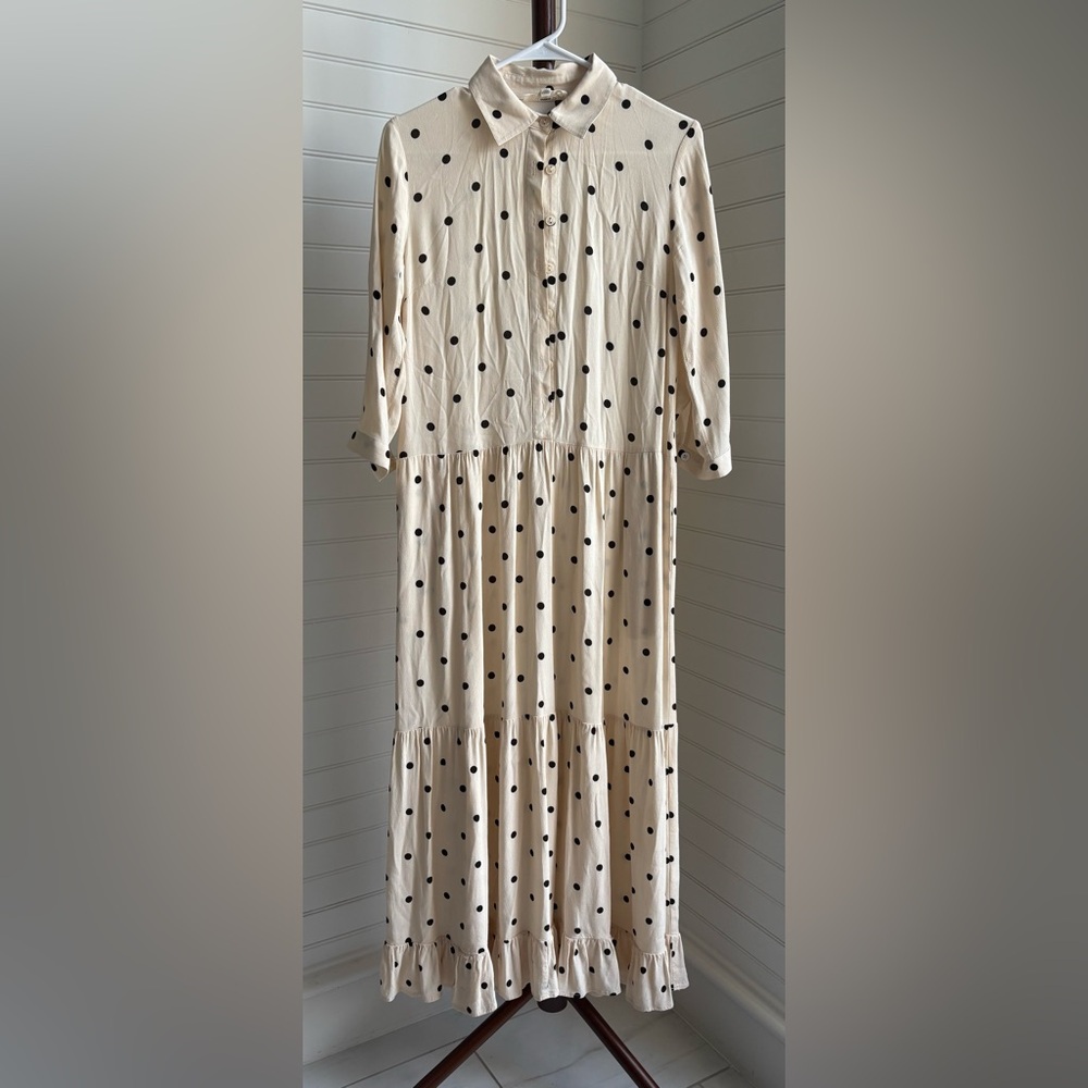 Porridge for Anthropologie Cream and Black Polka Dot Long Sleeve Dress